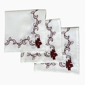 Napkins White Cloth Set 3 Red Embroidery Leaf Cutwork 16.5 Square Dinner Classic
